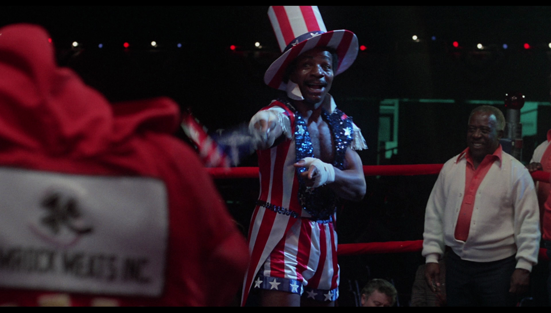 Screenshot from Rocky (UA, 1976) depicting Apollo Creed in costume before the fight
